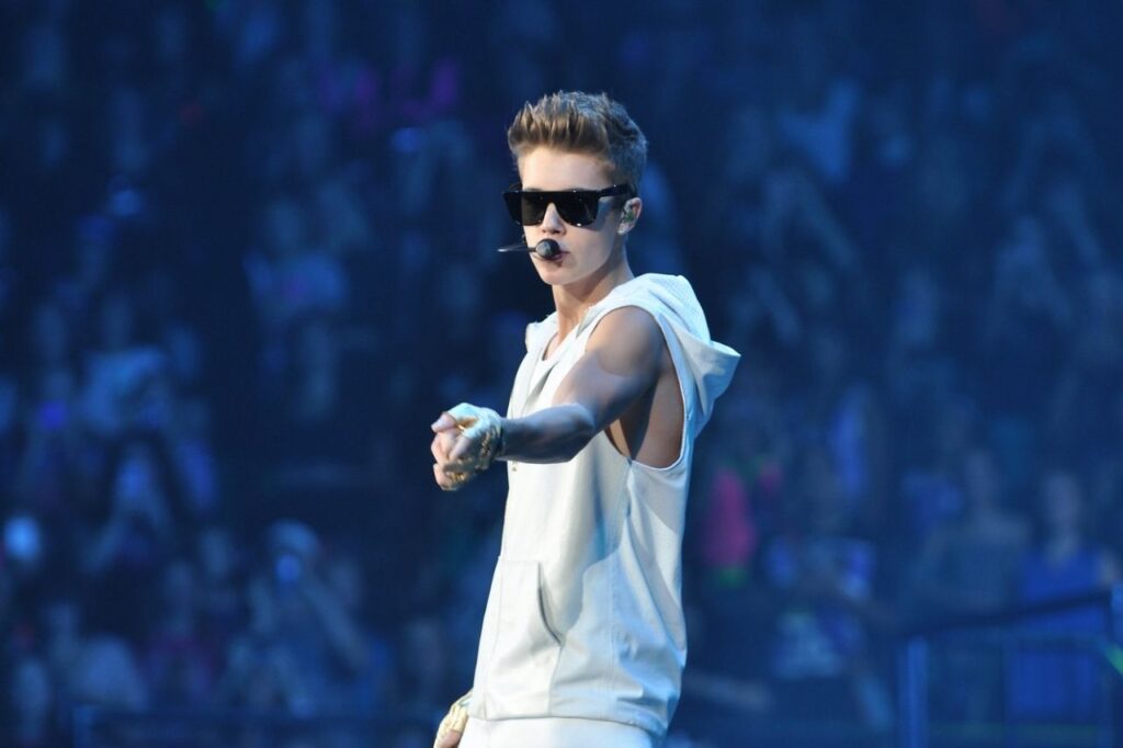 Justin Bieber performing live during the Believe Tour promoting the Believe Deluxe Edition album.
